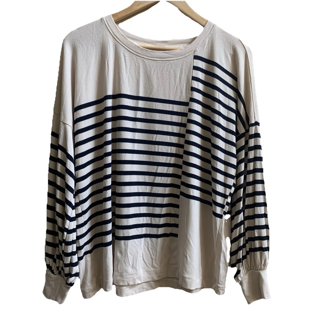 Cabi Shirt Womens Sz Small Cream Navy Blue Box Striped Long Sleeve Tunic Stretch